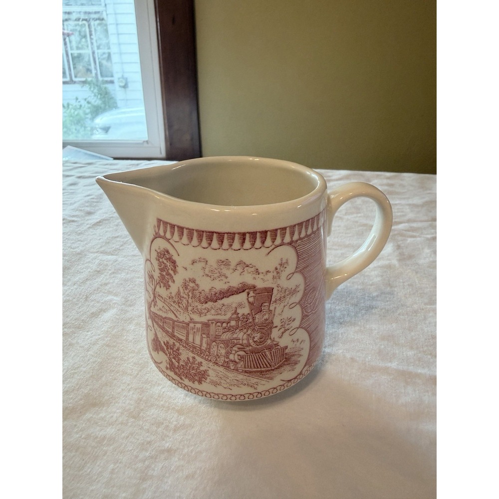 Rare Royal China Pink Currier Ives Footed Creamer Pitcher "Express Train" Scene
